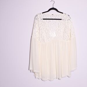 Free People Magdalene Crochet Floral Knit Sheer Chiffon Tunic Blouse Shirt Ivory